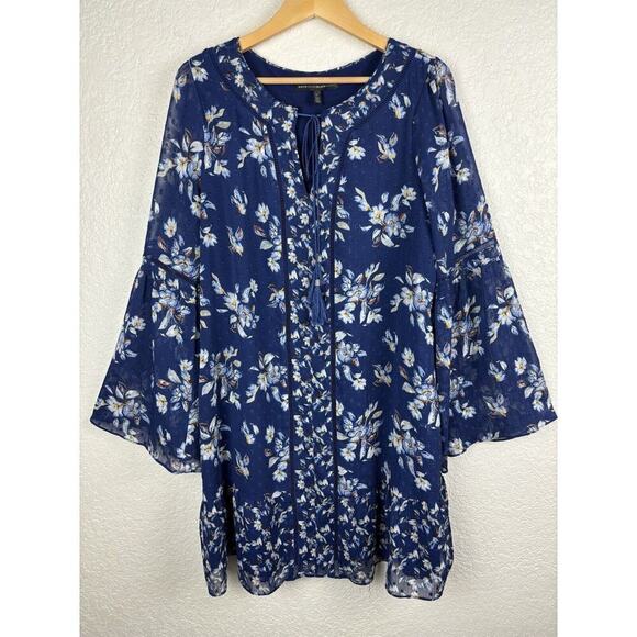 White House Black Market Floral Bell Sleeve‎ Dress Large Blue Boho Cottagecore - Picture 1 of 9